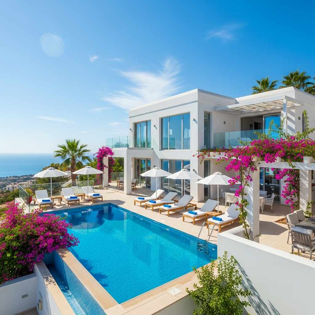 Luxusvilla mit Pool und Meerblick bei Sonnenuntergang in Nordzypern