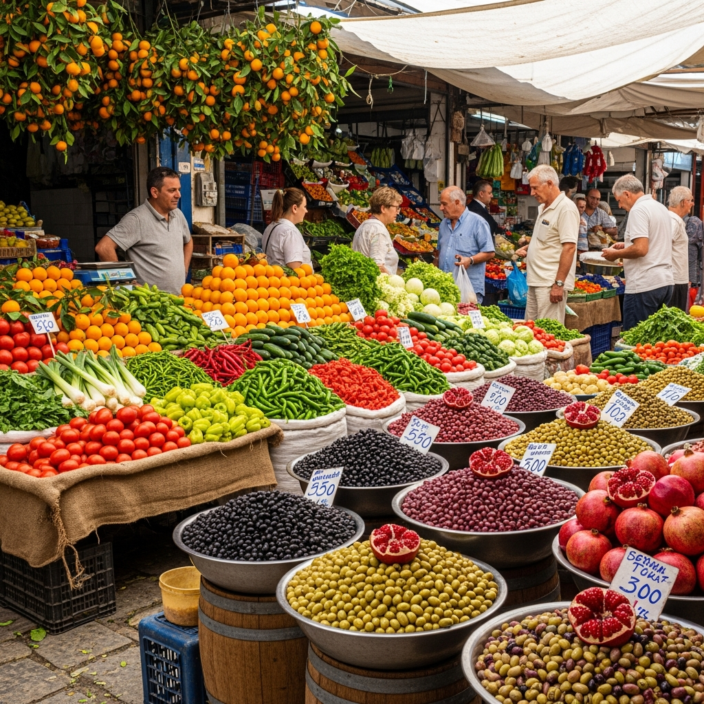 Mediterraner Markt mit frischen Lebensmitteln in Nordzypern