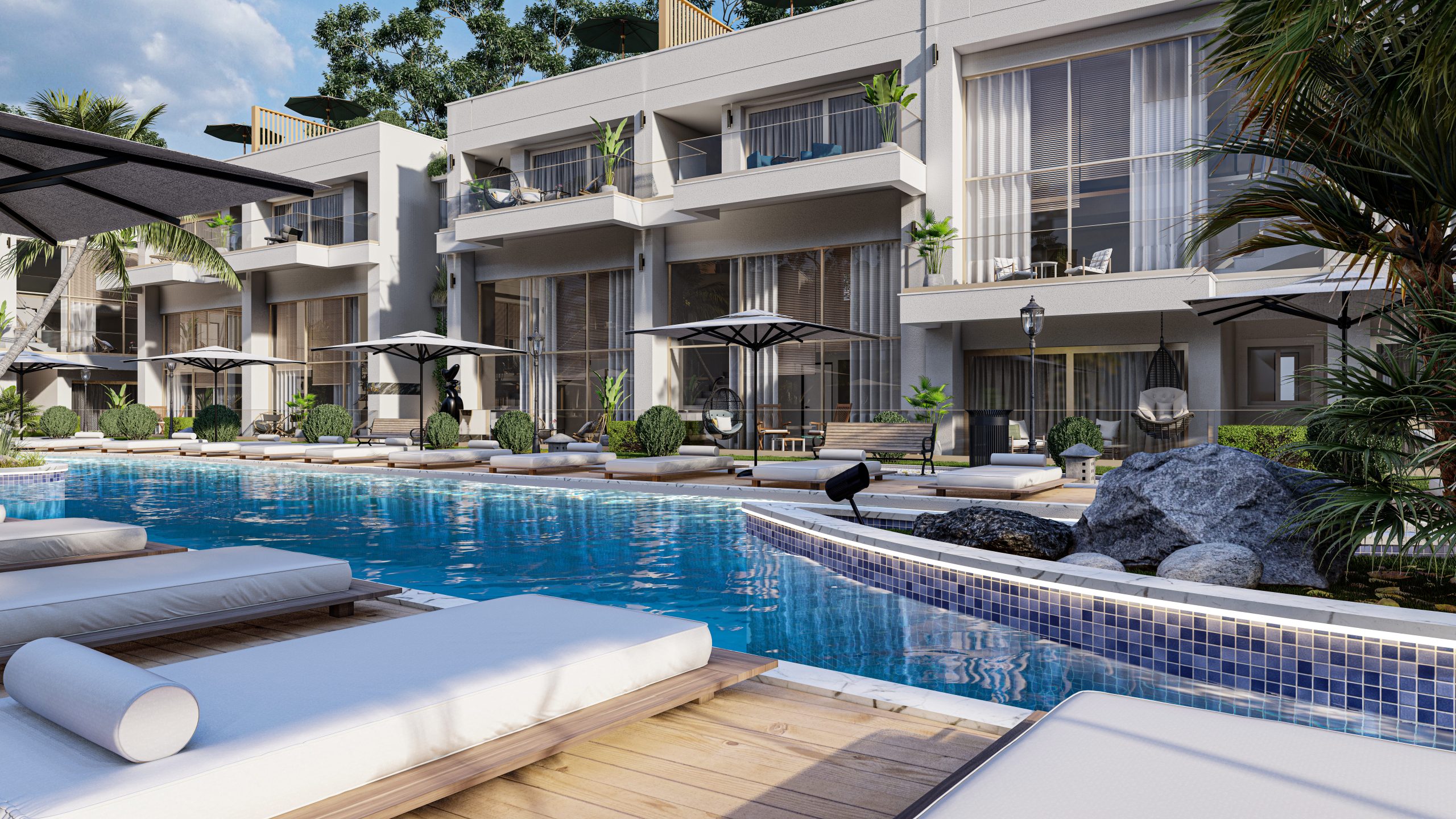 nordzypern-immobilien long beach, iskele - studio wave garden - terrasse mit meerblick (bild 6)